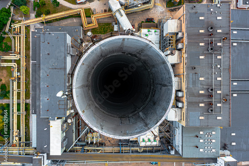 Chimney of thermal power plant close up top view