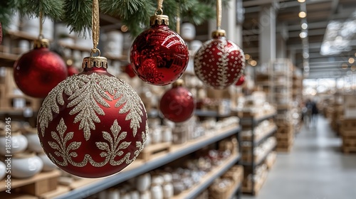 Red christmas ornaments hanging in store aisle surrounded by holiday decorations and decor items