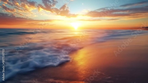 Gentle waves lap the shore at sunset, creating an orange-tinted paradise