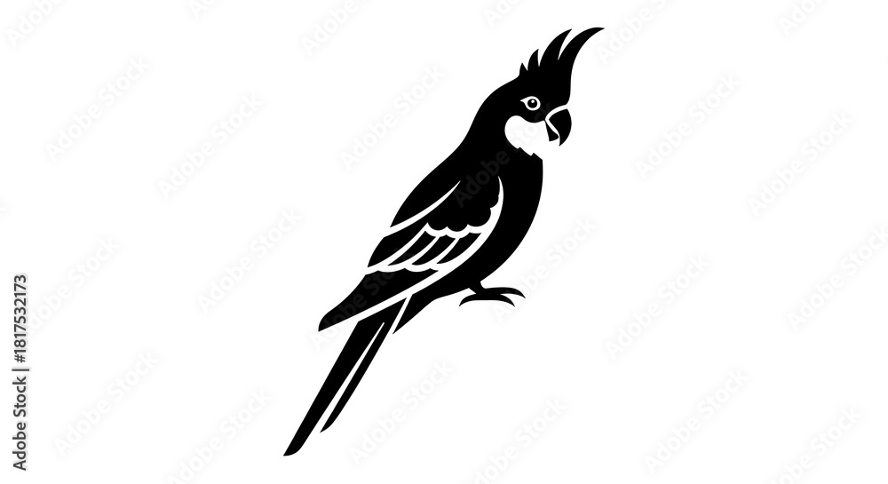 Naklejka premium Black and white silhouette of a parrot perched, simple vector illustration.