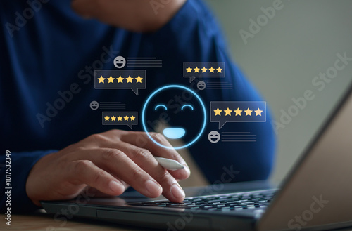 Satisfaction review survey concept. Customer giving five star rating and positive feedback on laptop. User experience, quality and service improvement, online business digital marketing performance.