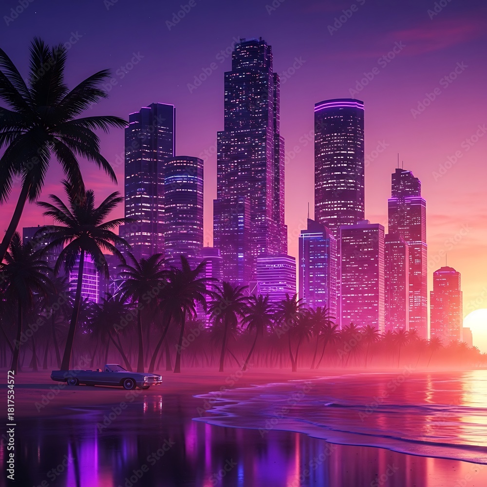 Obraz premium A vibrant city skyline meets a tropical beach at sunset, bathed in a dreamy, neon glow.
