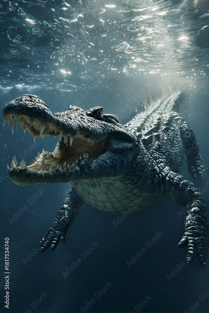 Obraz premium A powerful crocodile swims gracefully underwater, showcasing its fierce jaws and textured skin in a captivating aquatic moment.