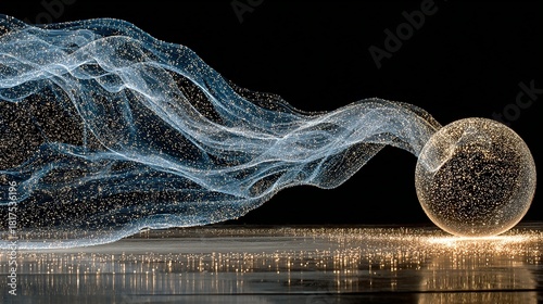 Abstract sphere with flowing light trails on a reflective surface against black backdrop.