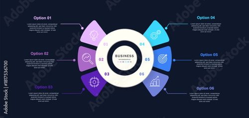 6 points circular infographic element template with icons and colorful flat style on dark background
