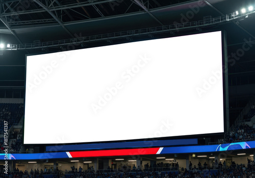 Exciting sports game analytics on stadium giant screen mock up