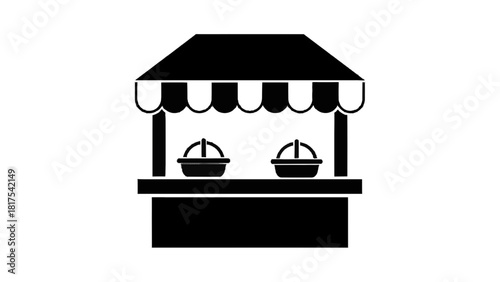 Vector illustration of black and white icon of a market stall or booth with awning and two baskets isolated on transparent background 