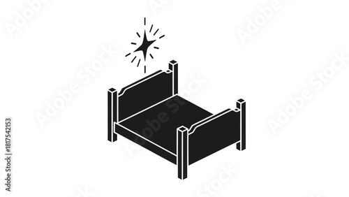Vector illustration of simple black and white icon of a clean bed with a sparkling star above it, isolated on transparent background 