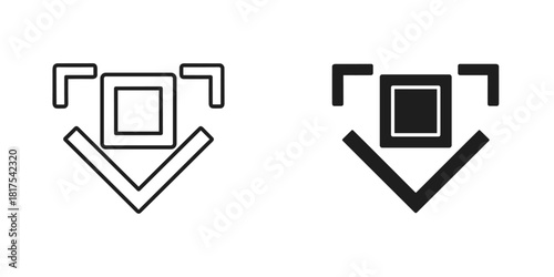 Modern download or insert icon set featuring a square and downward arrow in outline and solid styles