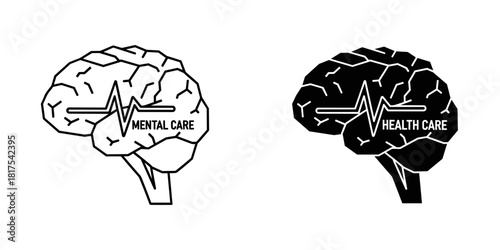 Brain with heartbeat line and text mental care and health care concept, isolated on