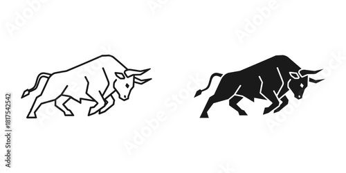 Bull icon set featuring both outline and solid black versions, symbolizing strength, power, and determination