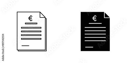 Euro currency document icon set in outline and solid black styles, representing finance, invoice, or bill