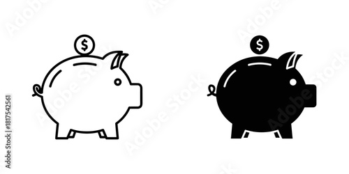 Piggy bank icons with dollar coin, representing saving and financial growth, isolated on