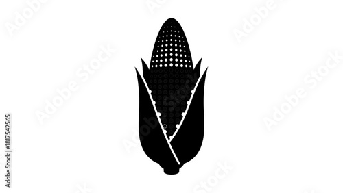Vector illustration of black and white silhouette icon of an ear of corn with husk partially peeled back, isolated on transparent background 