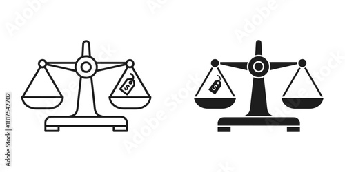 Balance scale icon with price tag showing dollar sign, representing value, cost, and comparison, isolated on