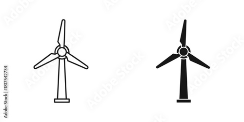 Wind turbine outline and solid black icons for renewable energy and sustainability, isolated on