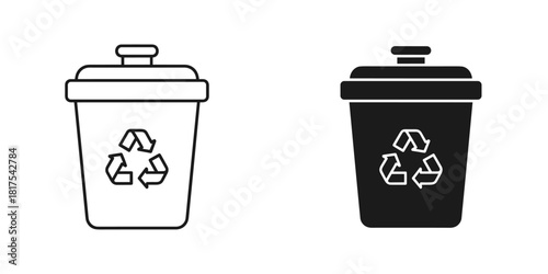 Recycle bin icon set, outline and solid versions, waste management, isolated on