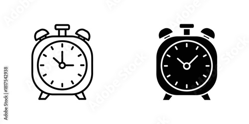 Two alarm clock icons, one in outline style and one solid black, isolated on