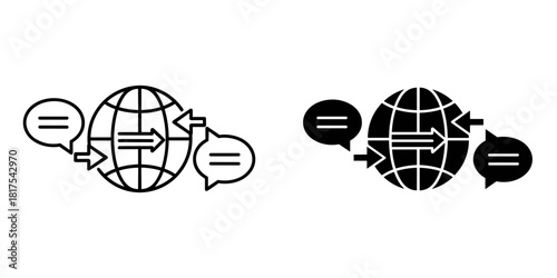 Global communication and language translation icon set with outline and solid versions, isolated on