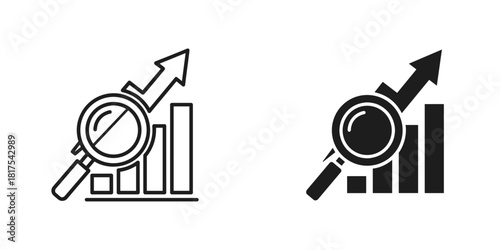 Magnifying glass over a bar chart with an upward arrow, representing business growth, data analysis, and market research