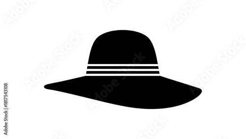 Vector illustration of black wide brim sun hat icon with double white band isolated on transparent background 