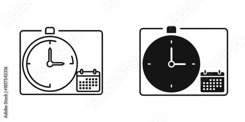 Time and schedule icon set with clock and calendar, outline and solid versions, isolated on white