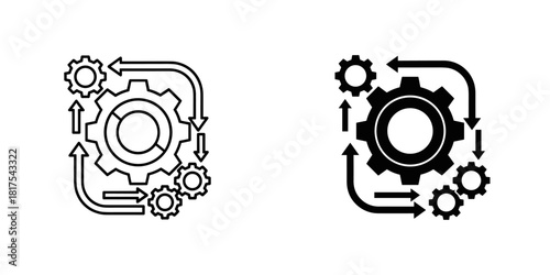 Workflow process icon with gears and arrows, illustrating system operation or development, isolated on