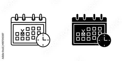 Calendar and clock icon set for scheduling, appointments, and time management in outline and glyph styles