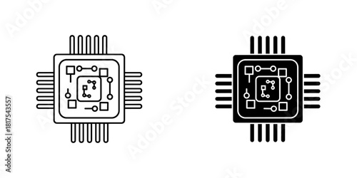 Computer chip icon set featuring both outline and solid black versions, representing technology and digital processing