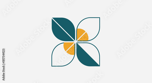 Elegant floral emblem design with teal petals and golden center accents on a clean backdrop