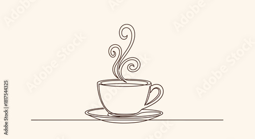 Minimalist line art of a steaming coffee cup creating a calming and simple aesthetic