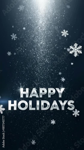 Happy Holidays silver text with falling snow and sparkling light on a dark blue background, festive winter season greeting card