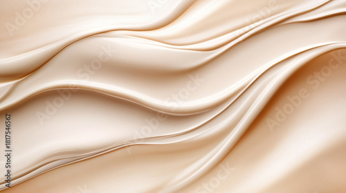 Smooth beige ivory creme background with silky flowing texture resembling cosmetic foundation tones creating a soft elegant minimal backdrop for beauty skincare and luxury product visuals