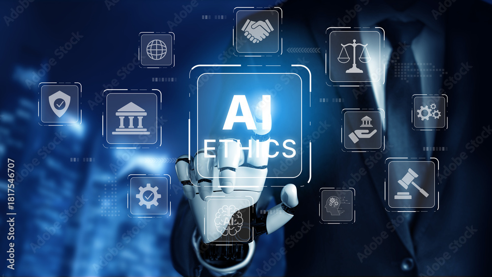 Obraz premium AI ethics ensures fairness, transparency, and responsibility in intelligent systems, guiding safe and trusted AI integration in society. Artificial intelligence spline