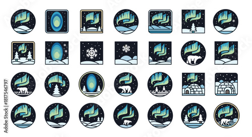 Collection of northern lights themed badges with winter landscapes and arctic animals displayed