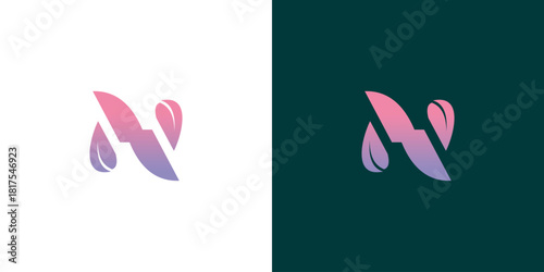 Creative letter N initial icon concept with a vibrant gradient. Modern and elegant logo design with nature-inspired organic leaf shapes for branding