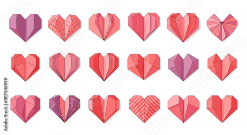 Collection of fifteen origami hearts in various shades of pink and red arranged in three rows on white background