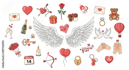 Valentine's day themed illustration with hearts, wings, and romantic elements for love celebration