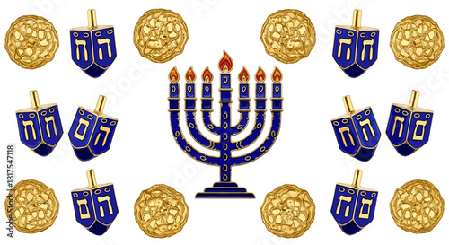Arrangement of a menorah with lit candles, dreidels, and golden chocolate coins for hanukkah celebration