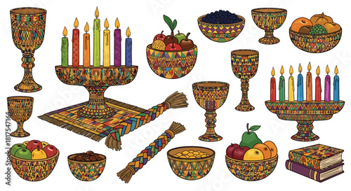 Illustration of kwanzaa celebration items including kinara, fruits, and unity cup arrangement displayed