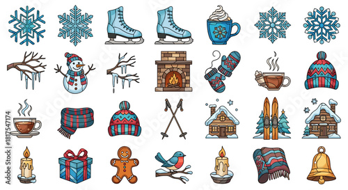 Illustration of various winter themed icons including snowflakes, skates, and cozy winter elements