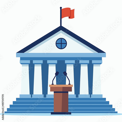 Generic government building with columns and podium on steps, red flag on roof, flat blue vector illustration for public speech or press conference concept
