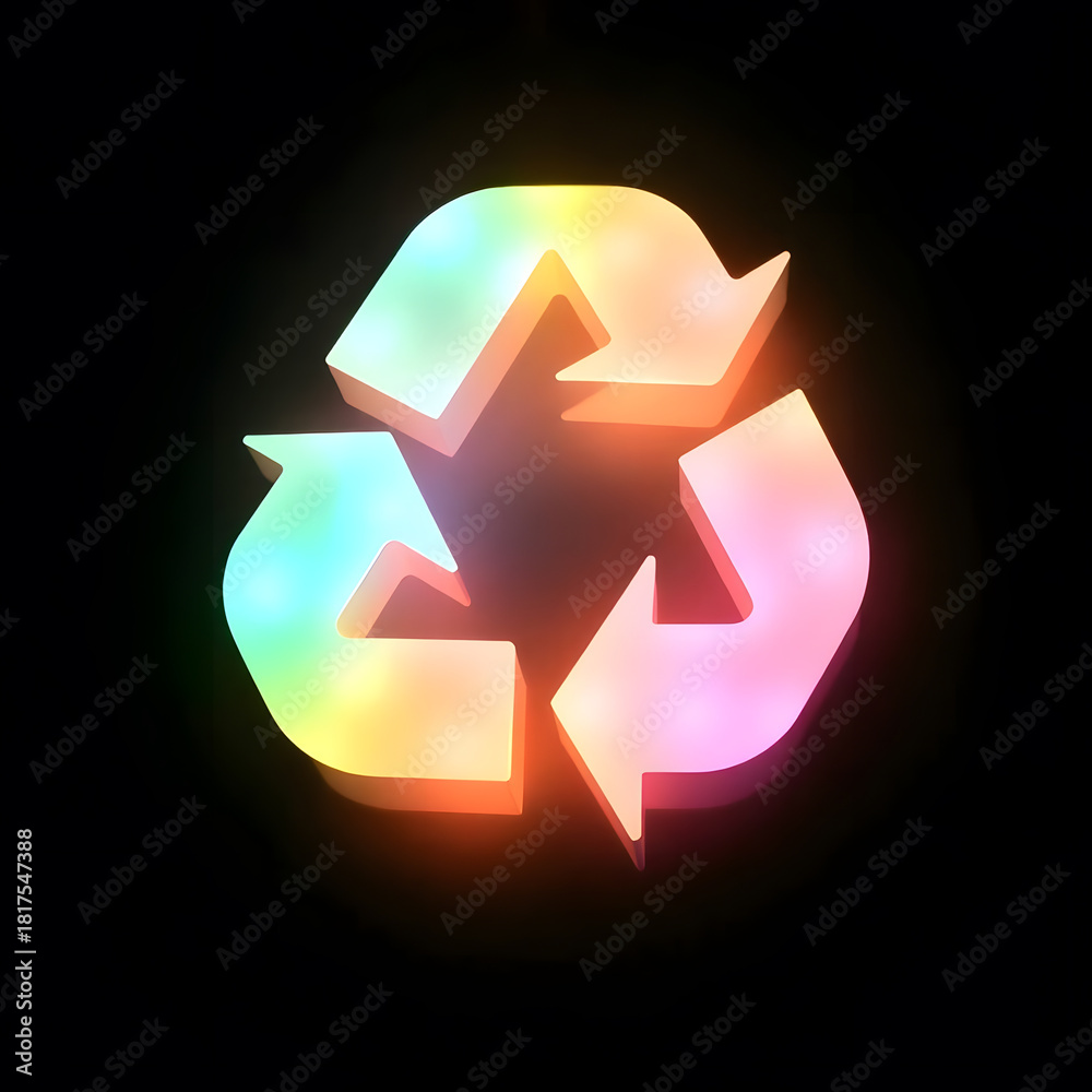 Obraz premium 3D recycling symbol with a glowing rainbow and pastel color gradient effect on a dark background