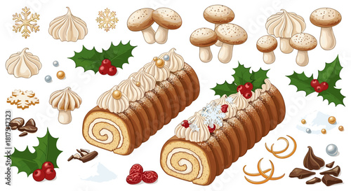 Illustration of christmas yule logs with cream and decorations alongside festive elements around them