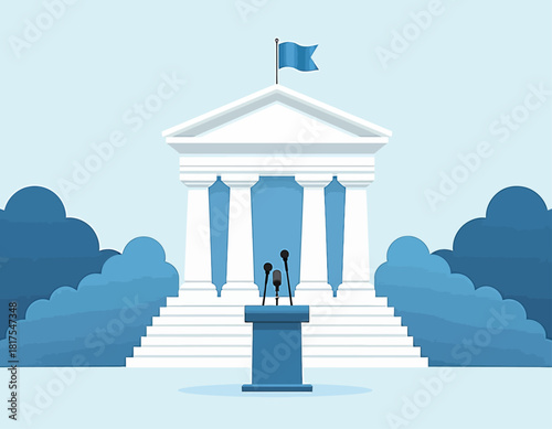 Flat illustration of generic public building with columns, flag and podium with microphones on steps, civic speech or press conference concept
