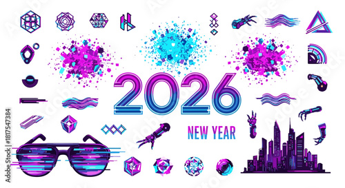 Illustration of 2026 new year with abstract shapes, futuristic glasses and city skyline in purple and blue