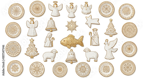 Collection of christmas ornaments including angels bells stars and religious figures arranged neatly