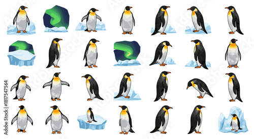 A collection of emperor penguins standing on ice floes under the aurora borealis in antarctica