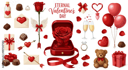 A valentines day themed image with roses, chocolates, balloons, and gifts in red and neutral colors