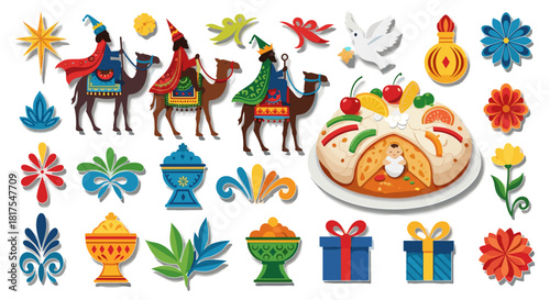 Three kings on camels with rosca de reyes cake and gifts for epiphany day celebration scene